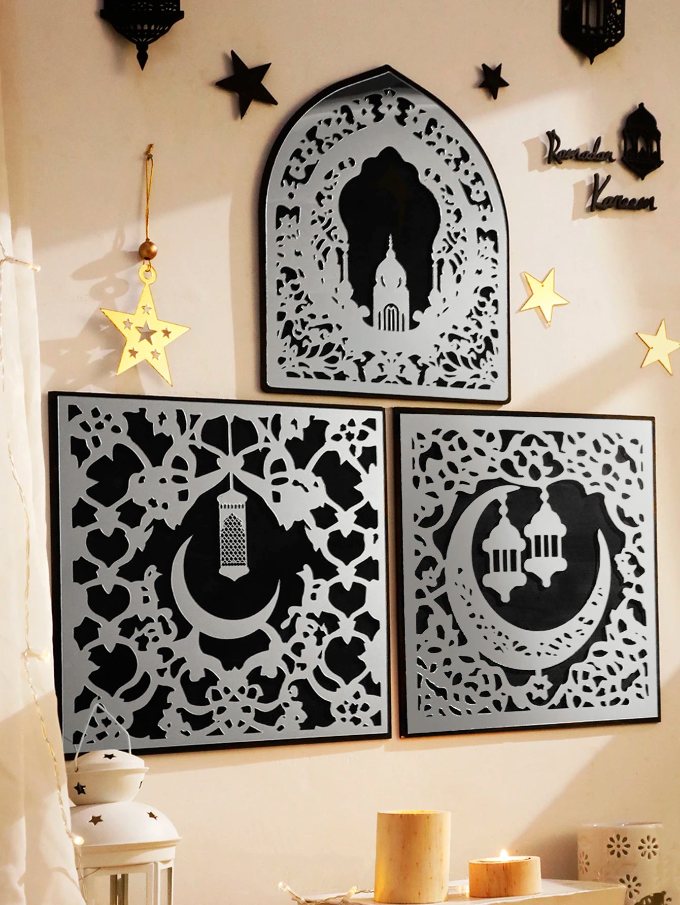 Miroir mural en acrylique argenté "Eid Mubarak" – Décor élégant pour le Ramadan.