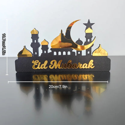 Ornement en bois "Ramadan Kareem" – Décoration de table élégante pour Eid Mubarak, en acrylique argent et or.