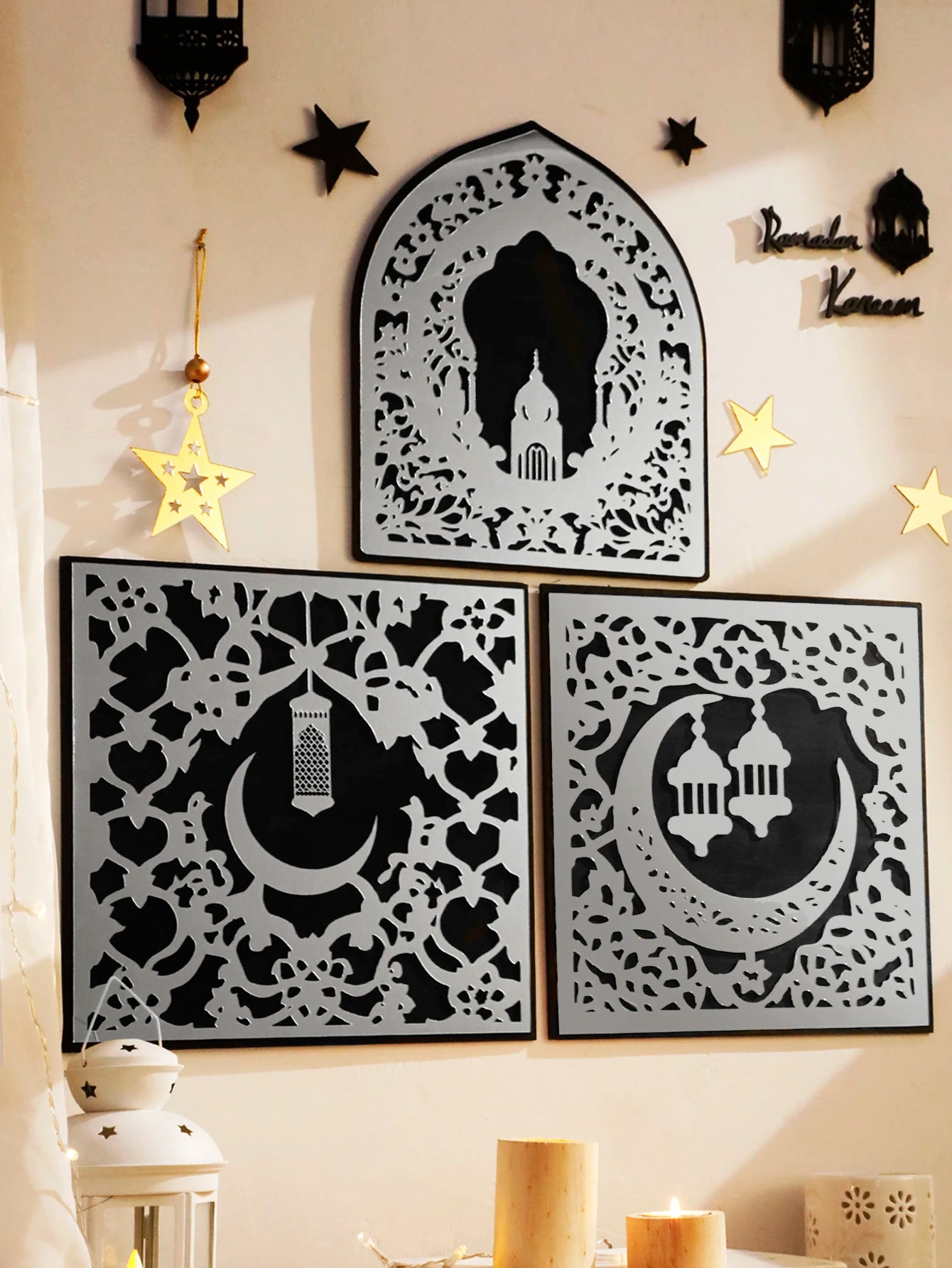 Miroir mural en acrylique argenté "Eid Mubarak" – Décor élégant pour le Ramadan.